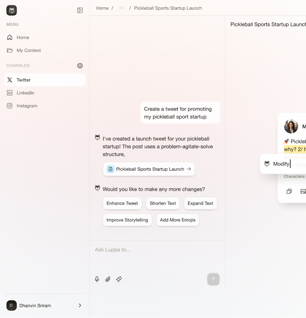 Luppa AI Text Generation Interface displaying content creation and editing features